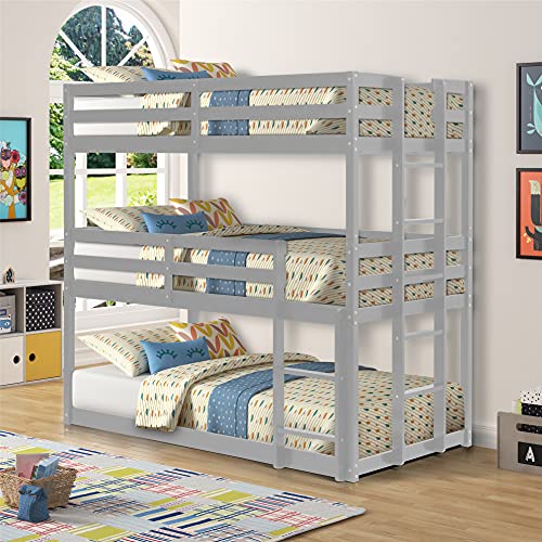 Triple Bunk Bed, Twin Over Twin Over Twin Bunk Beds , Wood Bunk Beds for Kids, Detachable Bunk Bed Frame, Can Convertible Into Twin Bunk Beds & Loft Bed (Grey)