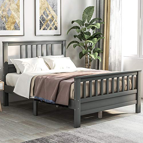 Wood Platform Bed with Headboard and Footboard, Full, Harper&Bright Designs Wooden Platform Bed with Footboard, Wood Slat Support, Deluxe Wood Platform Bed with Headboard Ship from USA (Grey)