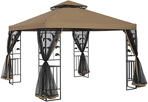 SUNA OUTDOOR Patio 10x10 Ft Outdoor Gazebo Steel Frame Two-Tiered Top Canopy, Leaf Screen Decor Gazebo with Adjustable Netting for Garden Backyard, Beige