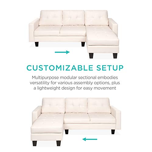 Best Choice Products Tufted Faux Leather 3-Seat L-Shape Sectional Sofa Couch Set w/Chaise Lounge, Ottoman Coffee Table Bench, White