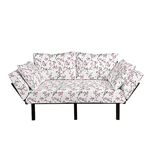 Lunarable East Futon Couch, Chinese Sakura Pattern Blossoming Florescence Eastern Barren Tree Leaves, Daybed with Metal Frame Upholstered Sofa for Living Dorm, Loveseat, Pale Pink Teal Brown