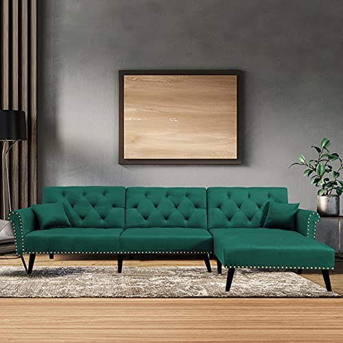 Knowlife Sectional Convertible Futon Sofa Bed, Mid-Century Velvet Sleeper Sofa with Reversible Chaise and 2 Pillows, 115”L Sofa Couch for Living Room and Small Space (Green)
