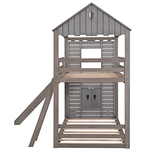 Bunk Bed with Slide, House Bunk Beds Wood Frame Twin Over Twin Bunk Bed for Kids Toddlers Girls Boys, Antique Gray