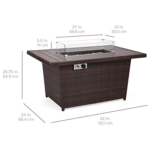 Best Choice Products 52in Gas Fire Pit Table, 50,000 BTU Outdoor Wicker Patio Propane Firepit w/Aluminum Tabletop, Glass Wind Guard, Clear Glass Rocks, Cover, Hideaway Tank Holder, Lid - Brown
