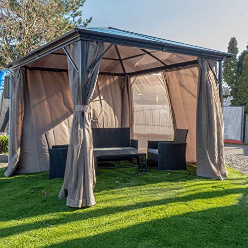 ALEKO GZBHR03 Aluminum Hardtop Gazebo with Removable Mesh Walls and Curtains - 10 x 10 Feet - Brown