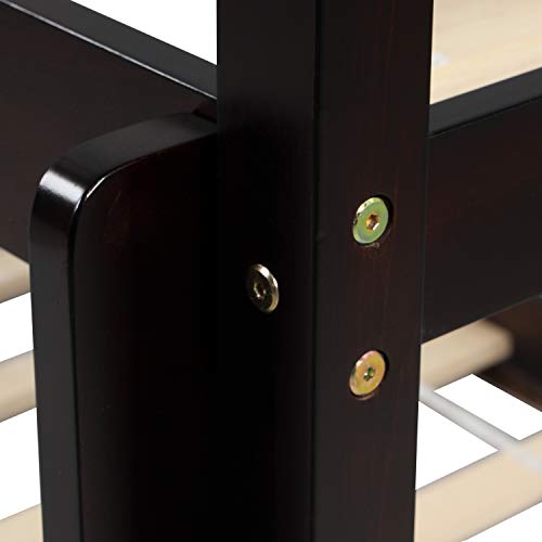 Twin Over Twin Floor Bunk Bed, Wooden Low Bunk Bed Frame with Guardrails and Ladder for Kids, Espresso