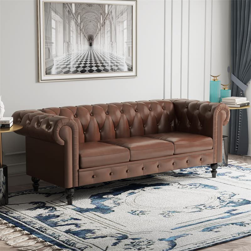Sdorens Modern Leather Sofa Couch, Chesterfield Sofa Couch, 3-Seat Sofa with Rolled Arm for Living Room, Apartment (Brown)