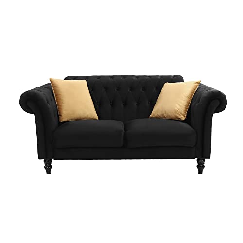 66'' Velvet Upholstered Living Room Tufted Loveseat/Couch with Roll Arms and 2 Toss Pillows, Black