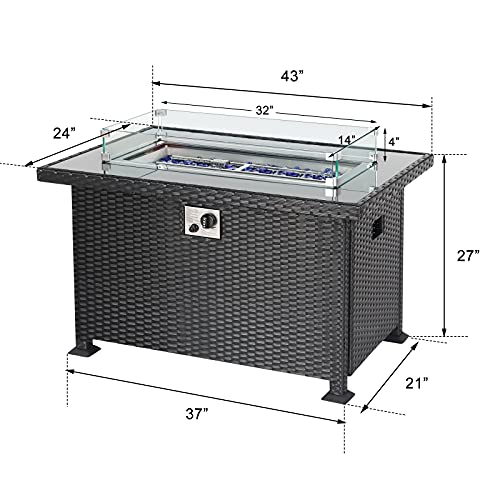 JULY'S SONG Gas Fire Pit Table Outside Propane Firepits with Wind Guard for Patio Deck Backyard, Outdoor Fireplace 43″ Wicker Rectangular