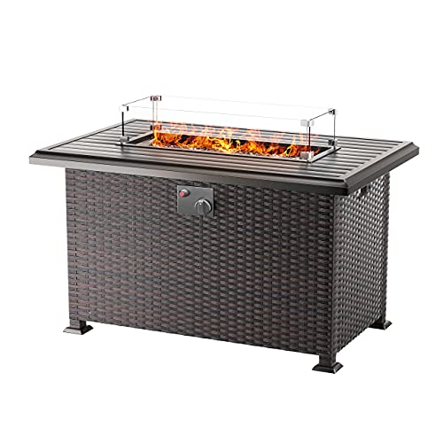 Gotland Outdoor Propane Fire Pit Table 43.3 Inch Gas Fire Pits, 50,000 BTU Firepits Auto-Ignition ETL Certification Bonfire Set Fire Pit Table w/Burner Lid & Glass Wind Guard and Waterproof Cover