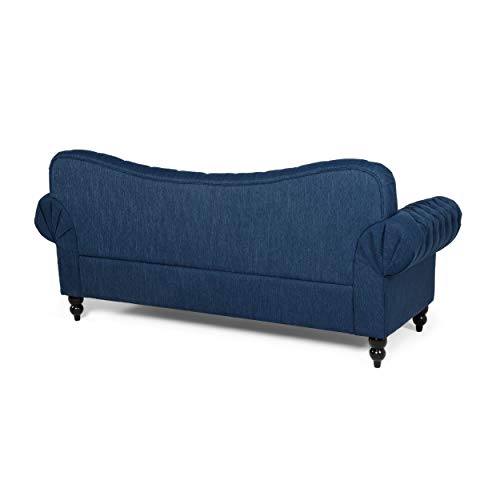 Christopher Knight Home Nathan Chesterfield Button Tufted Fabric 3 Seater Sofa, Navy Blue, Dark Brown