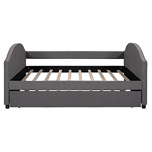 Full Daybed Upholstered Daybed with Trundle, Full Size Sofa Bed Wood Bed Frame for Kids/Teens/Girls/Boys, Gray