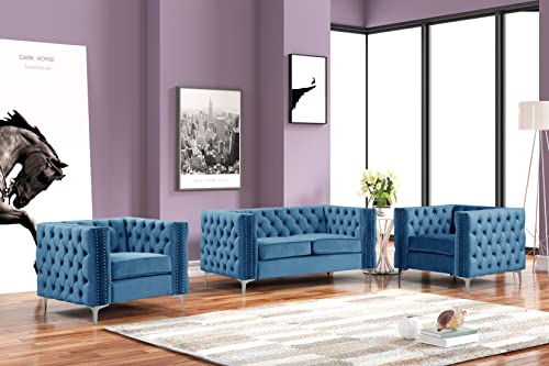 US Furnishing Express couches for Living Room, Sofas for Living Room Furniture Sets, Chair, Couch and Sofa 3 Pieces, Fabric, Velvet Navy Blue (Chair)