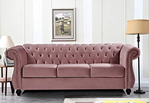 US Pride Furniture Soft Elegant Rose 82.6’’ Wide Velvet Chesterfield Tight Back Rolled Arm Living Room Removable Cushion & Solid Wood Legs (S5677-5682) Sofas