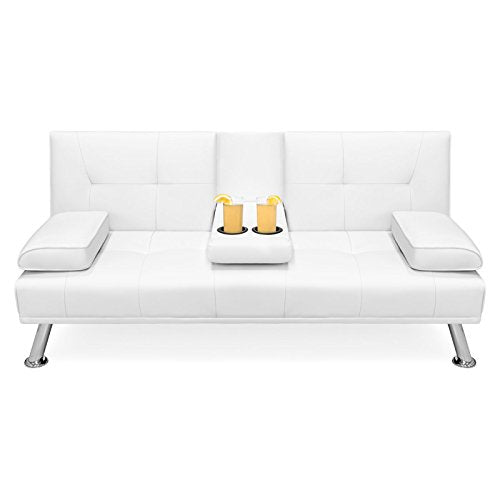 Faux Leather Entertainment Convertible Futon Sofa Bed Cup Holder Couch Recliner Sleeper Home Living Room Bedroom Studio Apartment Modern Space Saving Furniture Décor Multifunctional Versatile