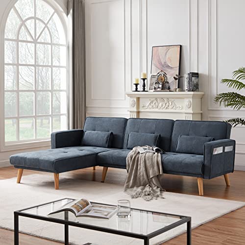L-Shaped Sectional Couch, Linen Fabric Symmetrical Corner Sofa with 4 Side Pockets and 3 Lumbar Pillows, Modular Sectional Sofa with Chaise Chair and Solid Wood Legs, Living Room Furniture Sets (Left)