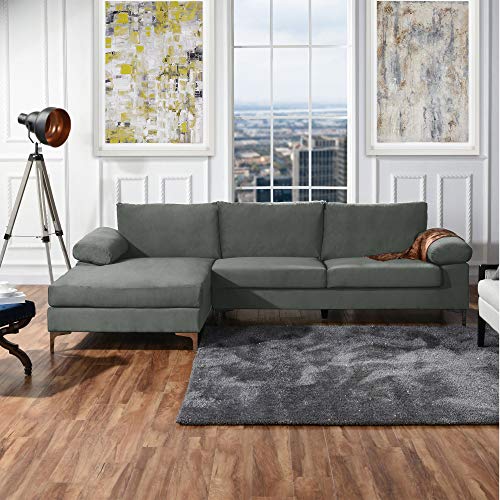 Casa Andrea Milano Modern Sectional Sofa L Shaped Velvet Couch, with Extra Wide Chaise Lounge, Large, Grey