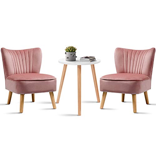 Giantex 3pcs Velvet Accent Chair with End Table Set, Upholstered Modern Sofa Chair w/Wood Legs, Thickly Padded, 2 Chairs and 1 Table Furniture Set for Living Room Bedroom