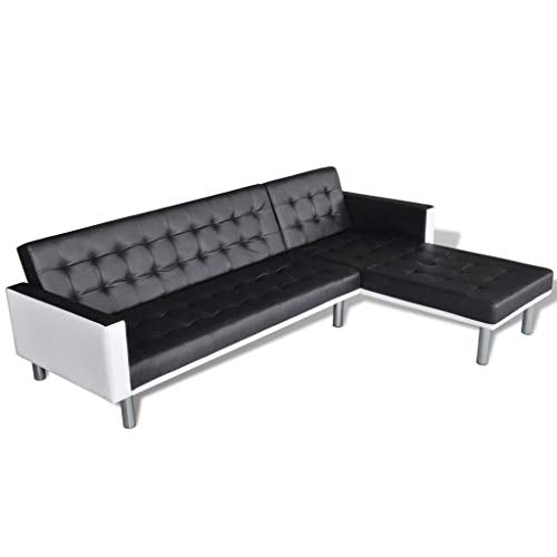 (Fast Delivery) Faux Leather Sectional Sofa Couch, Convertible Sectional Sofa L Shaped Couch with Faux Leather for Small Space L-Shaped Sofa Bed Artificial Leather Black and White