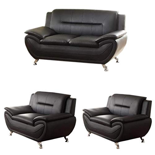 Home Square Living Room Furniture Set, 3 Piece Modern Faux Leather Couch Loveseat Arm Chairs Lounge Club Chair, Solid Wood Frame, Black