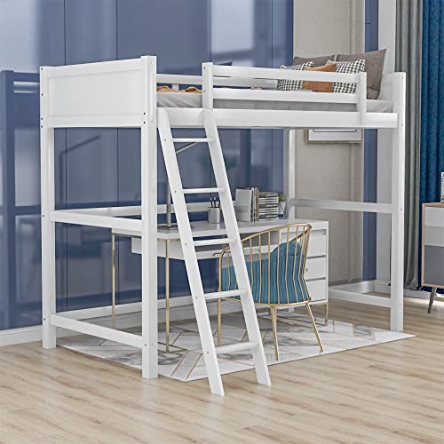 Loft Bed with Ladder and Safety Rail, Hight Loft Bed Twin Size, Wooden Loft Bed Frame, Twin Size Loft Bed for Decoration of Various Rooms (White)