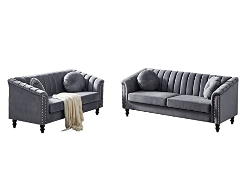 HomSof Modern Velvet Upholstered Couch, 3 Seat Tufted Back with Nail Arms, Solid Wood Legs, Sleeper Sofa, Compact Living Space, Apartment, Bonus Room, Loveseat, Grey