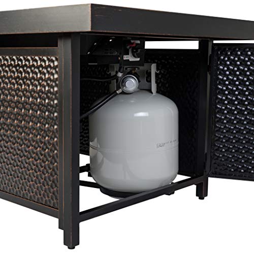 Fire Sense Weyland Rectangular Aluminum LPG Fire Pit Table | Hammered Antique Bronze Finish | 50,000 BTU Output | Uses 20 Pound Propane Tank | Fire Bowl Lid, Vinyl Weather Cover, and Clear Fire Glass