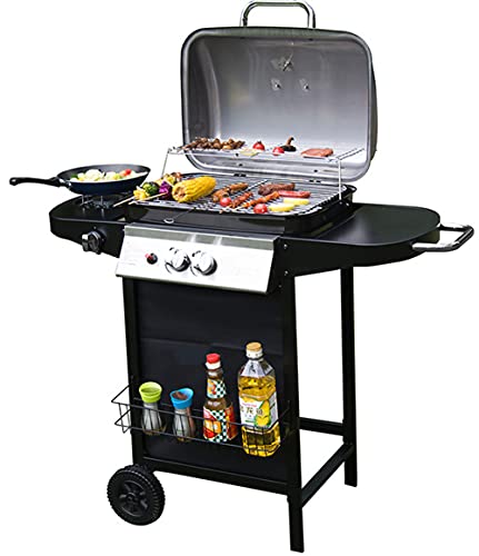 RSTJ-Sjef Double Burner BBQ Propane Gas Grill W/Side Furnace, Stainless Steel 20,000 BTU Patio Garden Barbecue Gas Stove for Outdoor Cooking