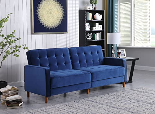 Velvet Sofa Bed Navy Blue,JULYFOX Mid Century Modern Couch Button Tufted 78 inch Wide 8 inch Thicker Futon Sofa Square Armrest Solid Wood Legs Heavy Duty Design