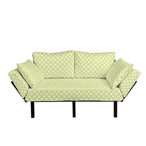 Ambesonne Polka Dots Futon Couch, Abstract Circles Motif Geometric Oval Shaped Ellipse Rounds Vintage Design, Daybed with Metal Frame Upholstered Sofa for Living Dorm, Loveseat, Pale Green Ivory