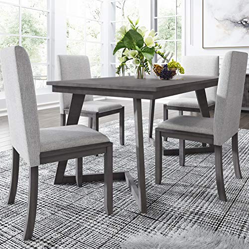 Harper & Bright Designs 5-Piece Kitchen Dining Table Set, Wood Rectangular Table with 4 Linen Fabric Chairs