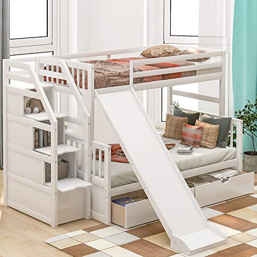 Twin Over Full Bunk Bed with Slide, Twin Over Full Bunk Bed with Storage Drawers and Stairscase, Wood Bunk Bed Frame with Guardrails for Kids Boys Girls Teens Adults, No Box Spring Needed, White