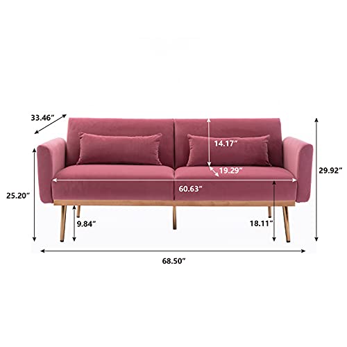 Velvet Futon Bed Couch, Velvet Upholstered Mid Century Sofa Sleeper for Living Room, Sectional Sofa Set Including Metal Legs and Cozy Upholstery Sofa Bed (Pink II)