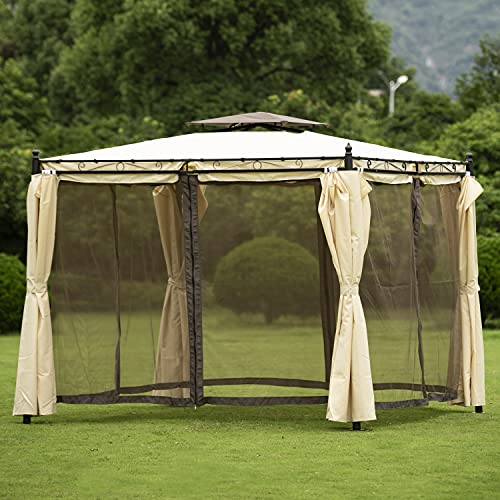 9.3ft.Wx8.5ft. H Outdoor Patio Gazebo with Mosquito nets and Polyester Curtains, Double Roofs for Decks, Poolsides, Gardens, Beige