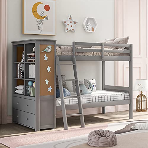 Bunk Bed with Bookcase and Storage Drawers, Twin-Over-Twin Multi-Functional Bed for Kids, Bed Frame with Inclined Ladder and Full-Length Guardrails (Gray)
