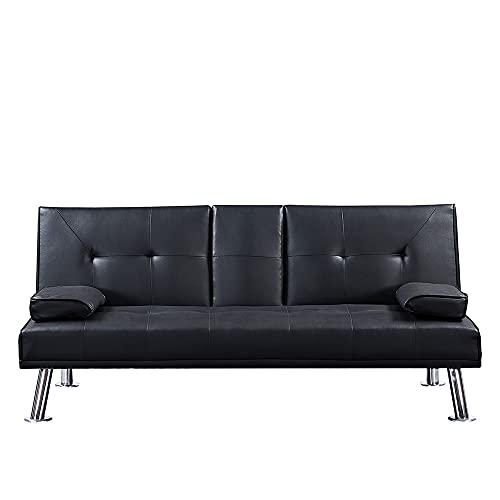 Takefuns 3 Pieces Convertible Sectional Sofa Set, Faux Leather Upholstered Sofa Bed with Two Cup Holders and Ottoman, Modern Living Room Sofa Furniture Set, Black