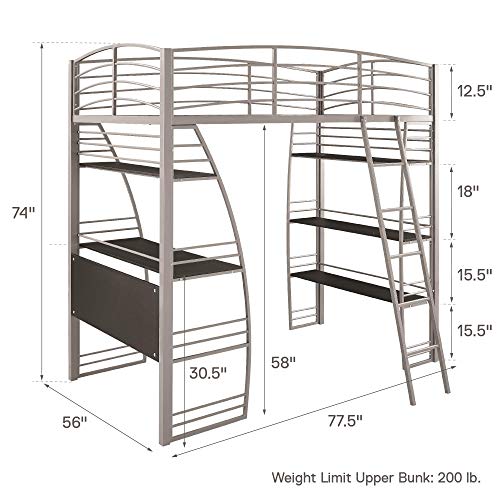 DHP Studio Loft Bunk Bed Over Desk and Bookcase with Metal Frame - Twin (Gray)
