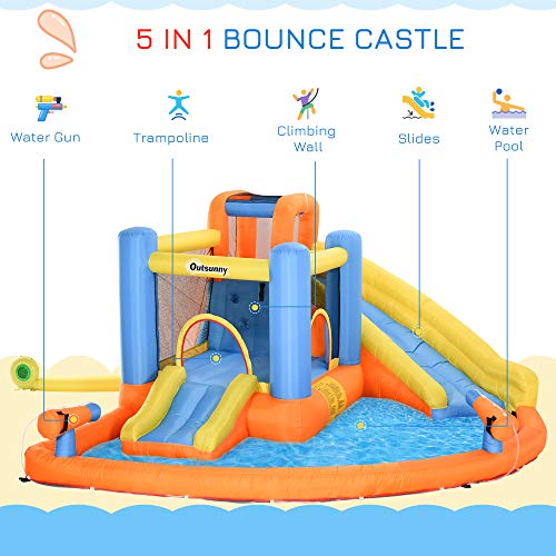 Outsunny Kids Inflatable Water Slide 5-in-1 Inflatable Bounce House Jumping Castle with Water Pool, Slide, Climbing Walls, & 2 Water Guns
