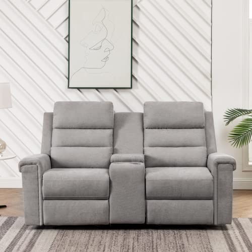 MELLCOM Linen Reclining Console Loveseat, Upholstered Sofa Recliner Chair, Manual Reclining Home Theater Seating with Storage Console Cup Holder, Arm Chair for Living Room Bedroom, Gray