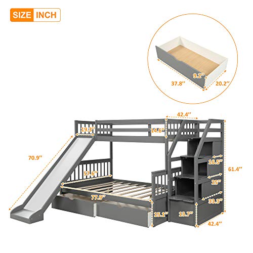 Harper & Bright Designs Twin Over Full bunk Bed, Solid Wood Bunk Bed Frame with Drawers, Storage and Slide for Kids, Adults (Grey)