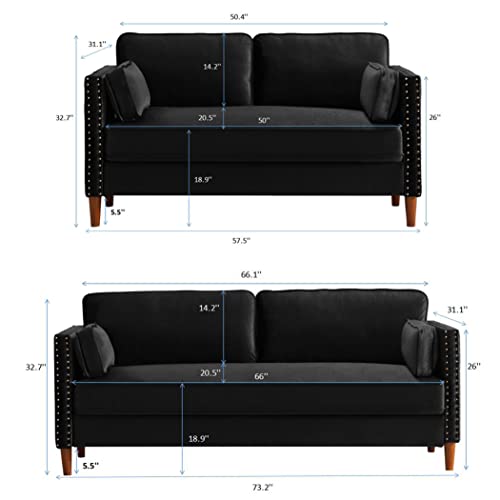 Sectional Sofa Set of 2 Comfortable Soft Loveseat Couches for Living Room Office Bedroom Mid Century Modern 2 Piece Home Furniture for Apartment Small Spaces (Black, Loveseat+Sofa)