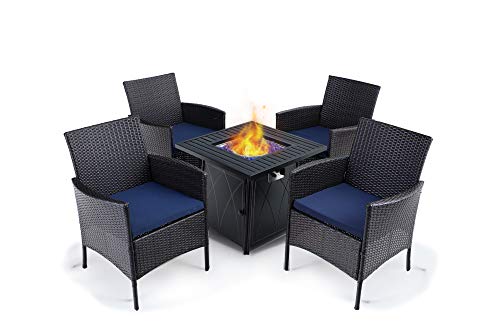 PHI VILLA 28” Gas Fire Pit Table with 4 Cushioned Rattan Chairs, 5 Piece Propane Fire Table Set with 5Kg Fire Glass, Outdoor Conversation Set for Yard, Patio