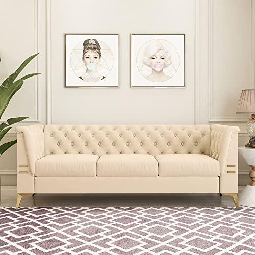 Mid-Century Modern Velvet Sofa Couch Upholstered 3 Seat Button Tufted Chesterfield Couches with Flared Arm&Gold Legs, Removable Cushion Seat, Loveseat Sofa for Living Room, Bedroom, Beige