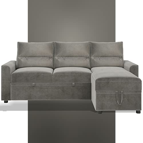 Modern Sectional Sofa Bed Couches for Living Room Sleeper L Shaped Sofas with Chaise Lounge Pull Out Comfy Faux Leather Couch Reclining Modular Foutons Convertible Neutral Grey Microfiber Full Size