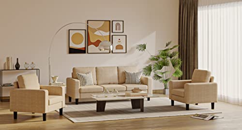 Modern 3 Pieces Couch Sofa Set, 3PCS Sectional Convertible Upholstered Sofa, 3-Seat Sofa + 1 Arm Chair +1 Arm Chair (Beige)