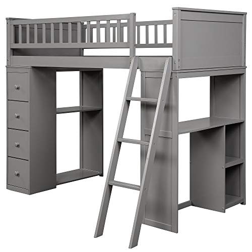 Twin Over Twin Loft Bunk Beds with Chest and Desk, Low Profile Kids Bunk Beds,No Box Spring Required, Wood, Gray