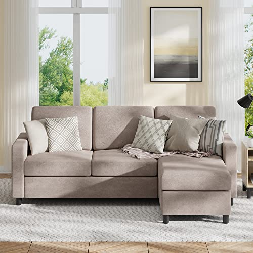 SUNLEI Convertible Sectional Sofa Couch L-Shaped Couch with Modern Linen Fabric 3-Seat Sofa Sectional with Reversible Chaise for Living Room/Small Space (Dark Beige)