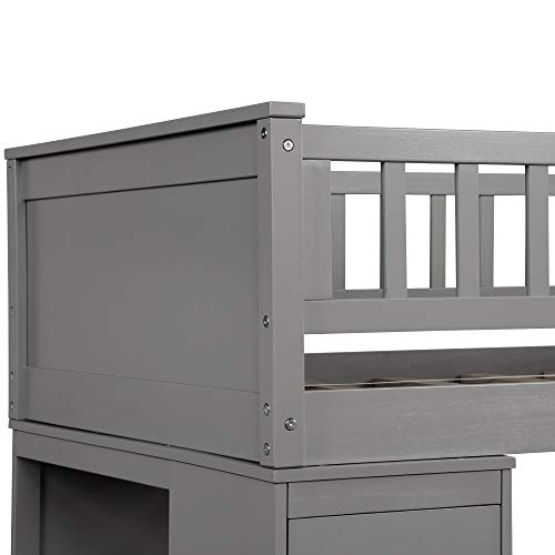 Twin Over Twin Loft Bed with Drawers and Shelves, Wood Bunk Bed with Ladder, Gray