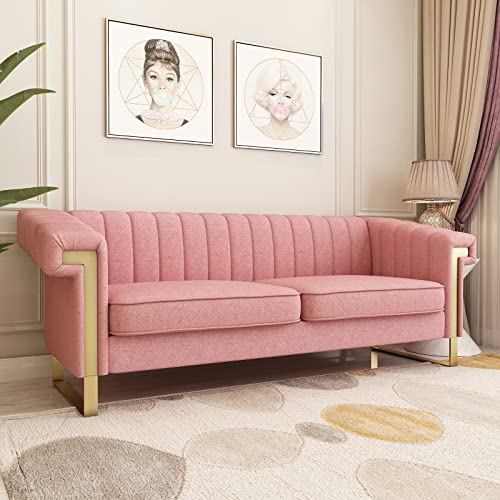 Chesterfield Sofa with Tufted Upholstered,Modern Velvet Couch with Flared Arms and Removable Cushions,83.85 Inch Width Living Room Furniture,Solid Wood Frame and Gold Legs,Pink
