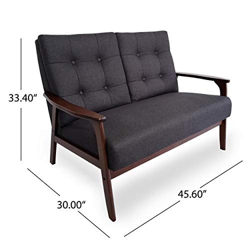 Christopher Knight Home Athena Mid Century Waffle Stitch Tufted Accent Loveseat with Rubberwood Legs-Black and Walnut Finish